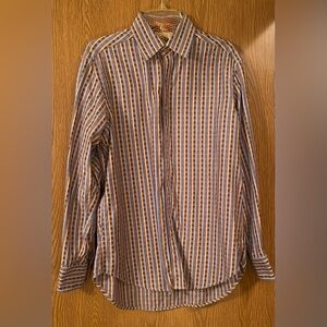 Men's Robert Graham Flip Cuff Striped Blue & Brown Button Down Shirt. Size Med